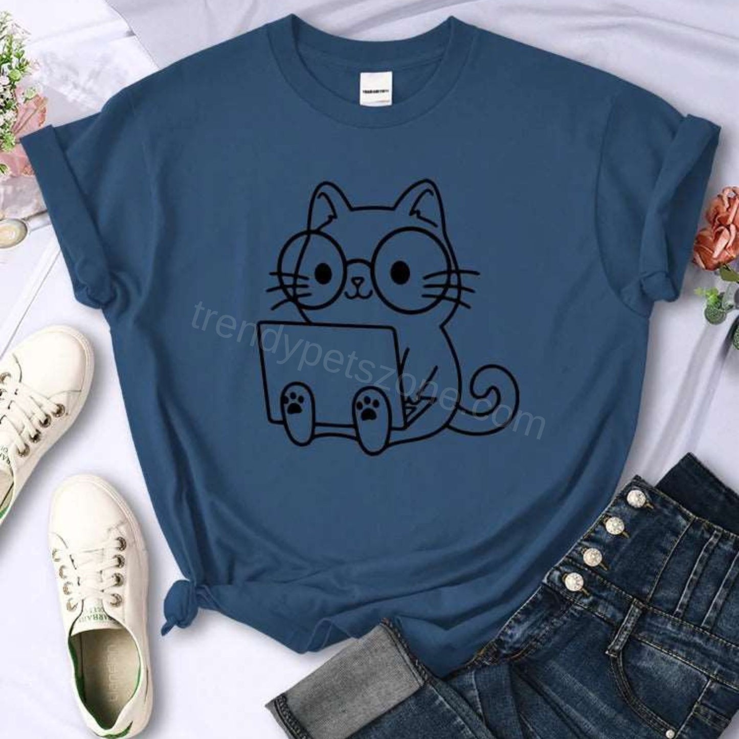 Haze Blue Careful Study Of Work Cat Sketches Women T-Shirt Personality Trend Casual Tee Clothing Street Creative Tops Female Short Sleeve TrendyPet's Zone