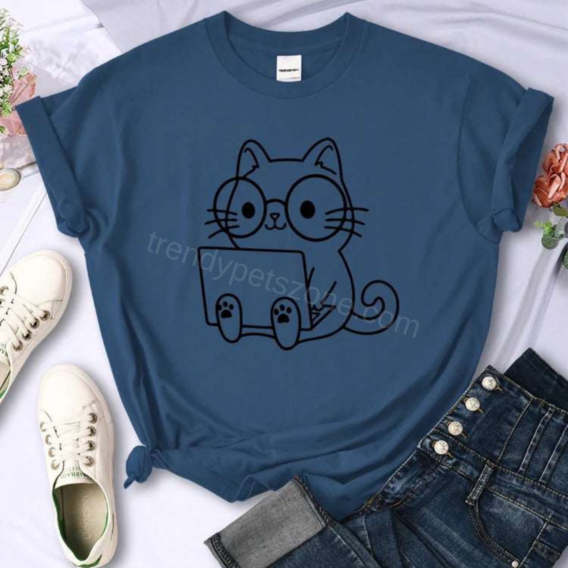Haze Blue Careful Study Of Work Cat Sketches Women T-Shirt Personality Trend Casual Tee Clothing Street Creative Tops Female Short Sleeve TrendyPet's Zone