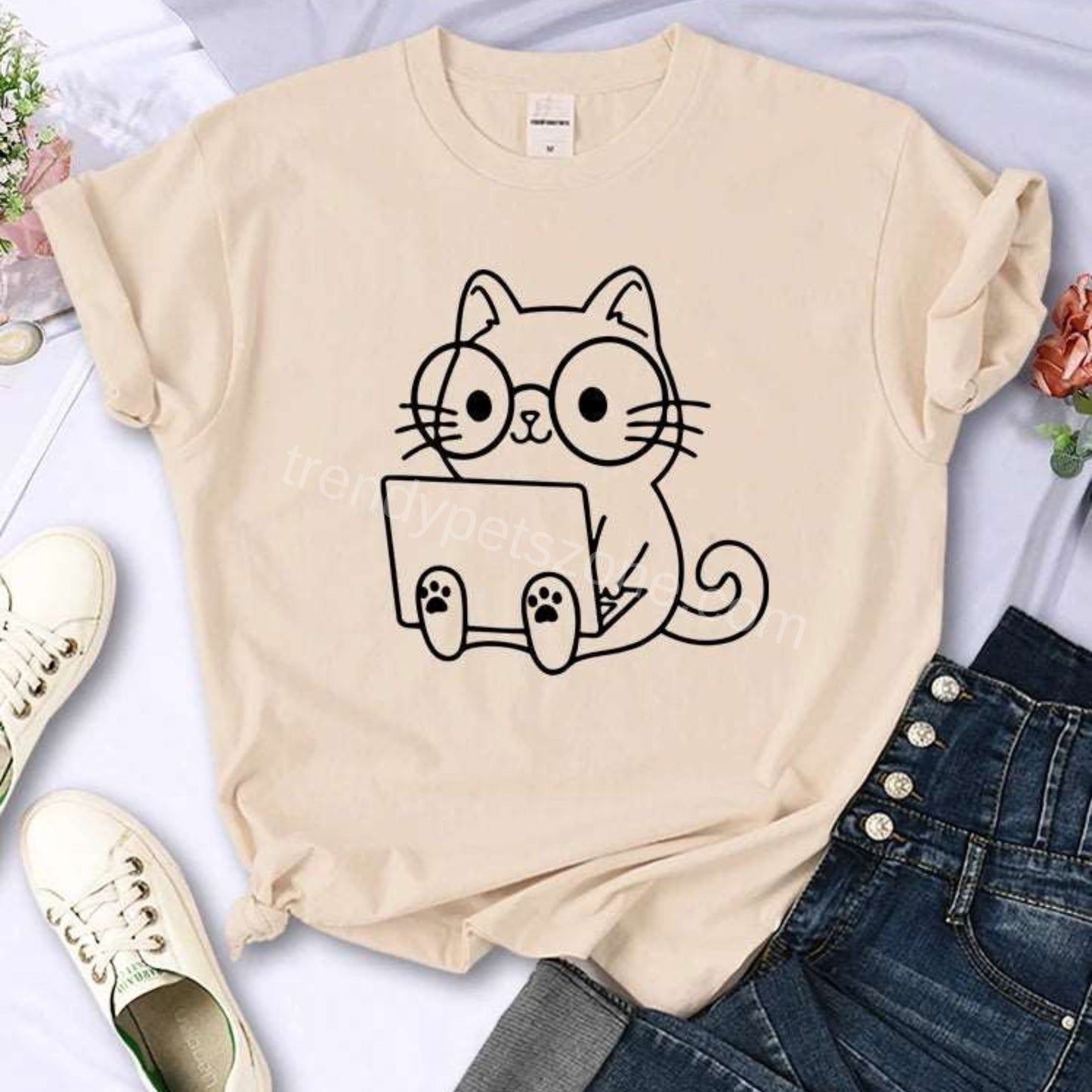 Khaki Careful Study Of Work Cat Sketches Women T-Shirt Personality Trend Casual Tee Clothing Street Creative Tops Female Short Sleeve TrendyPet's Zone