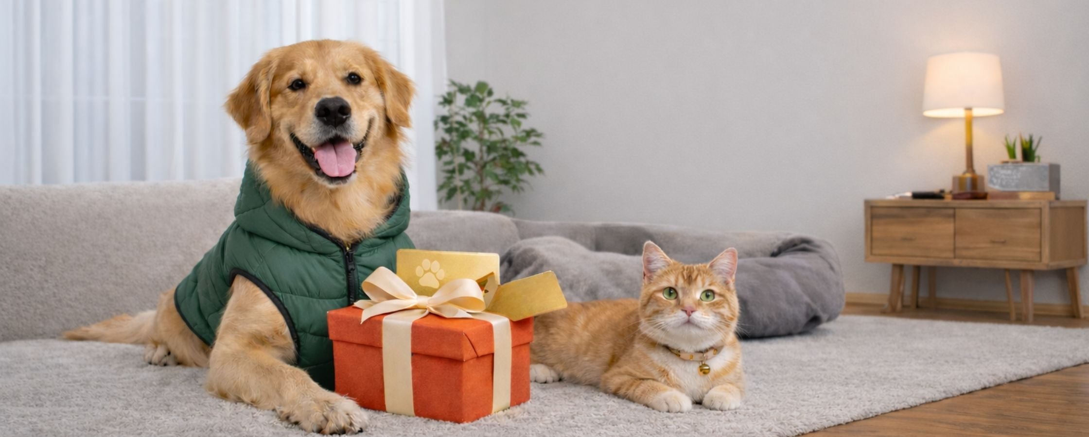 Dog and cat sitting on a couch with a gift box and bow in a living room setting. TrendyPet's Zone