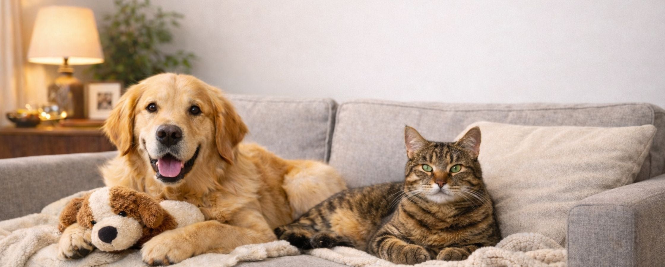 Dog and cat lying on a couch together with a teddy bear TrendyPet's Zone 