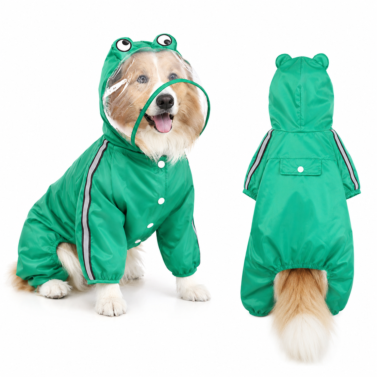 TrendyPet's Zone waterproof dog rain jacket with hood and reflective design, shown on a small dog outdoors in rainy weather.