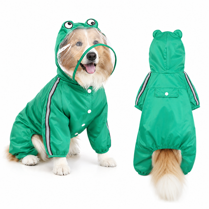 TrendyPet's Zone waterproof dog rain jacket with hood and reflective design, shown on a small dog outdoors in rainy weather.