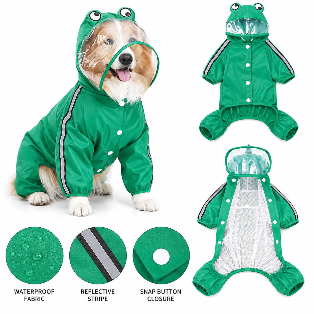 TrendyPet's Zone waterproof dog rain jacket with hood and reflective design, shown on a small dog outdoors in rainy weather.