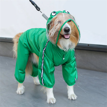 TrendyPet's Zone waterproof dog rain jacket with hood and reflective strips, designed to keep pets dry in rainy weather.