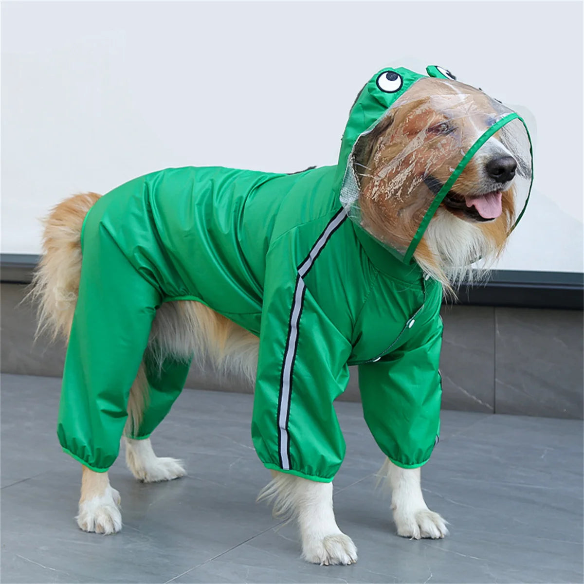 TrendyPet's Zone waterproof dog rain jacket with hood and reflective details, designed to keep pets dry in rainy weather.