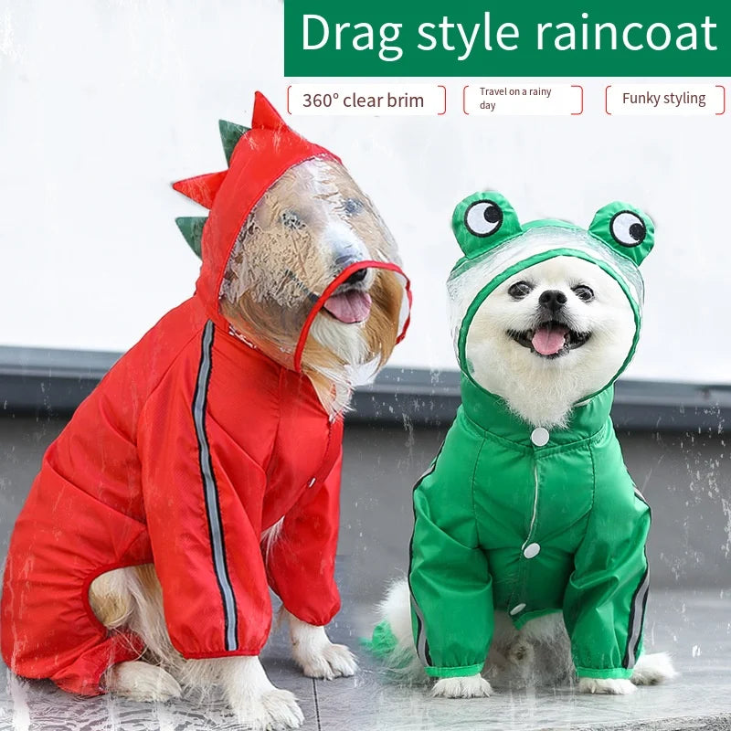 TrendyPet's Zone waterproof dog rain jacket with hood and reflective design, shown on a small dog outdoors in rainy weather.