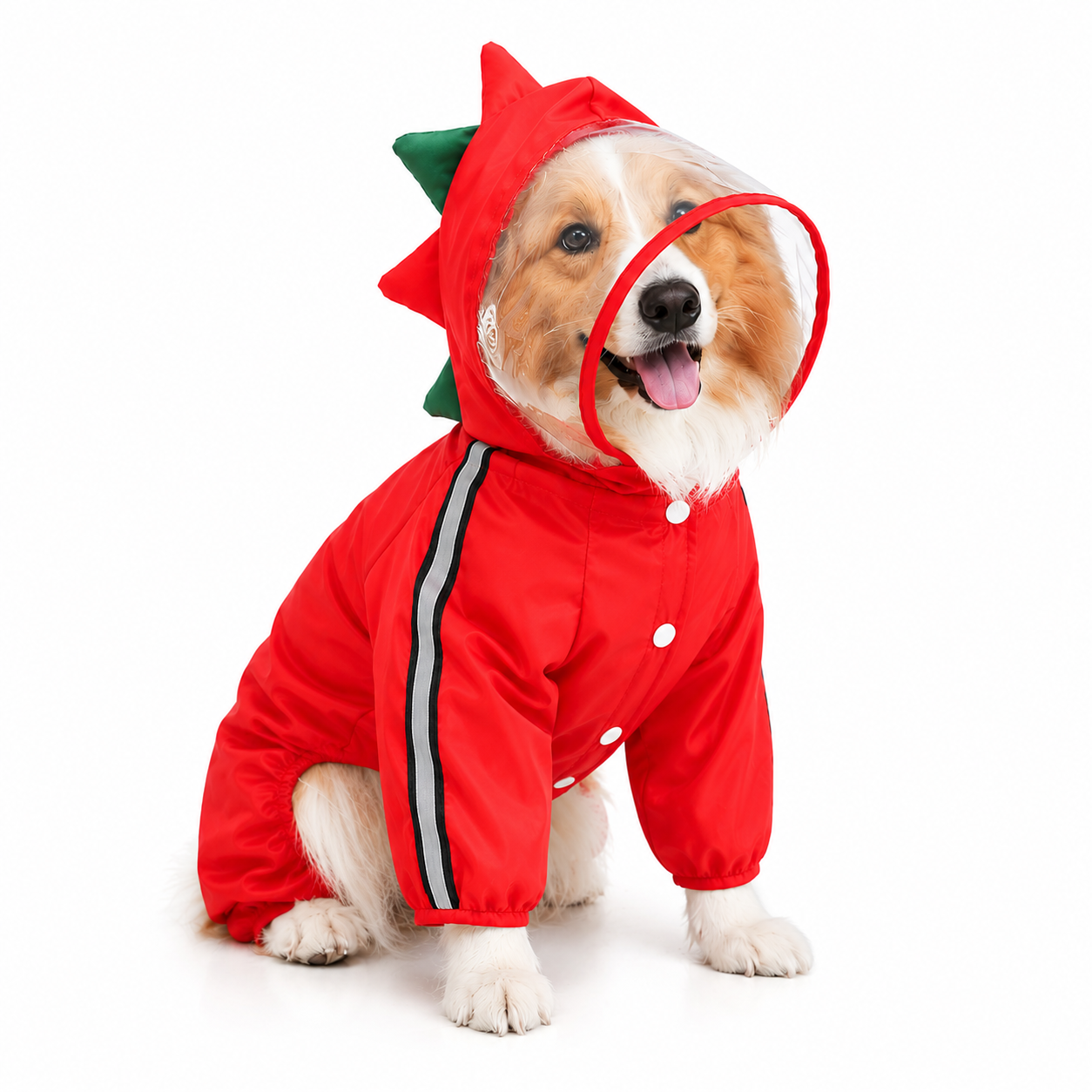 TrendyPet's Zone waterproof dog rain jacket with hood and reflective design, shown on a small dog outdoors in rainy weather.