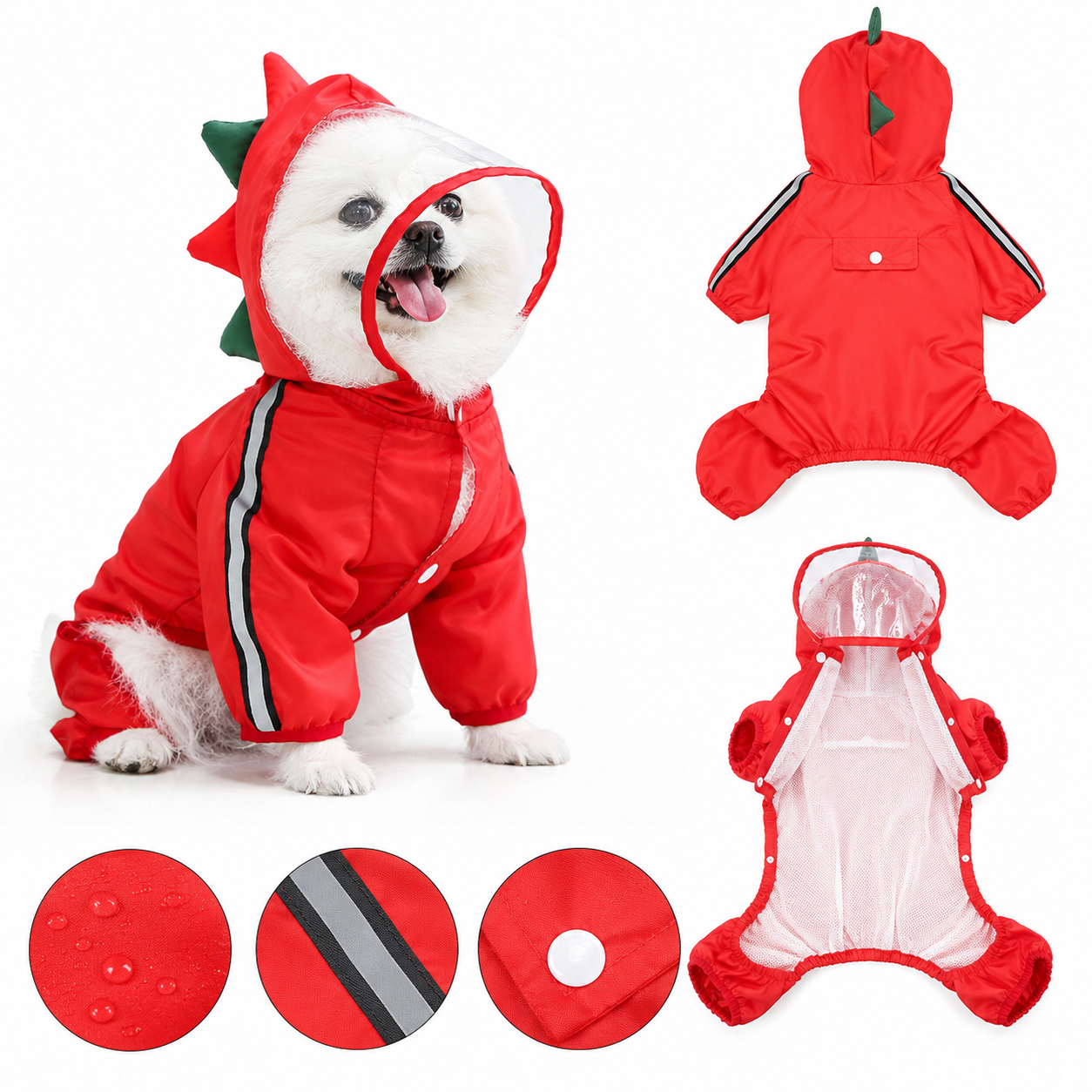 TrendyPet's Zone waterproof dog rain jacket with hood and reflective design, shown on a small dog outdoors in rainy weather.