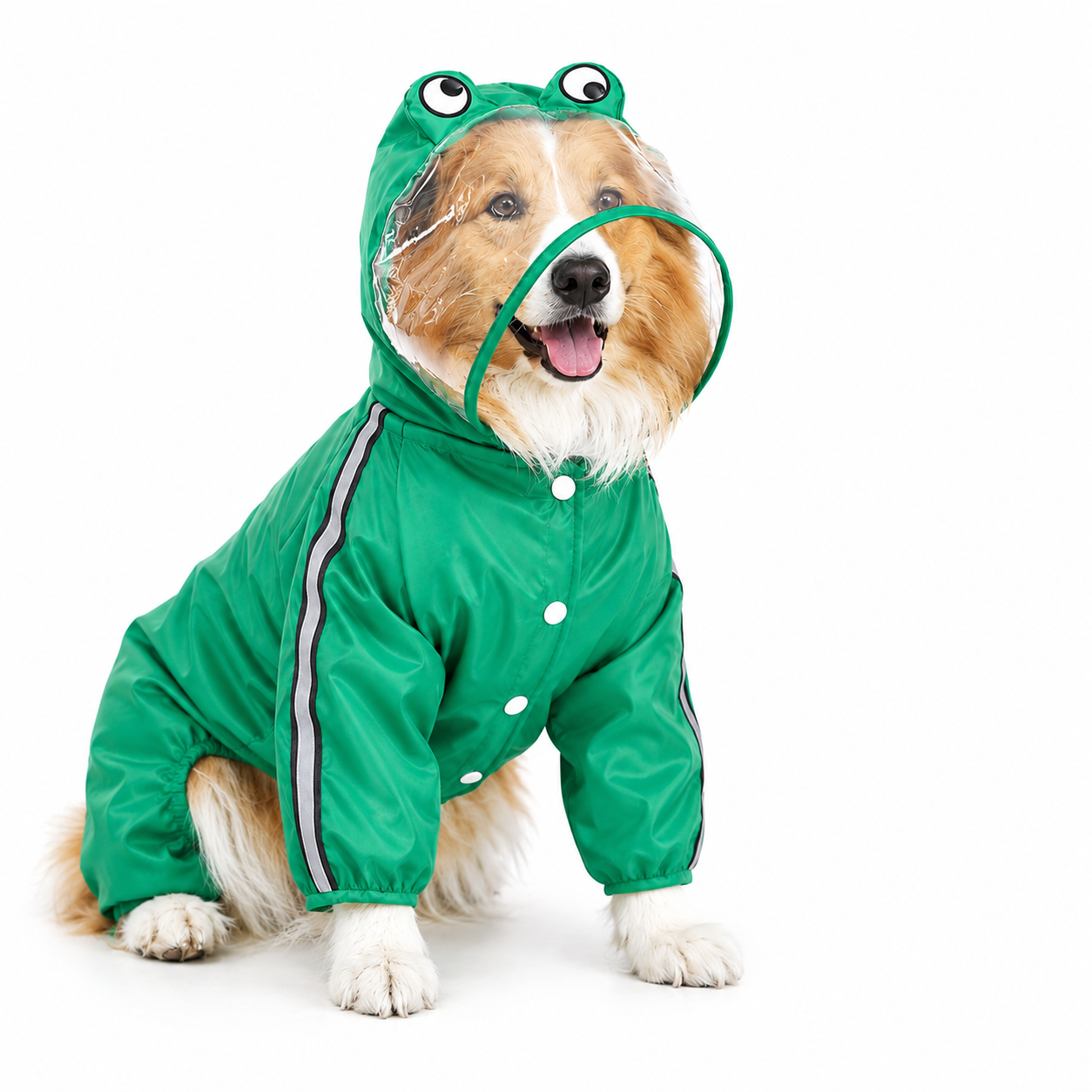 TrendyPet's Zone waterproof dog rain jacket with hood and reflective design, shown on a small dog outdoors in rainy weather.