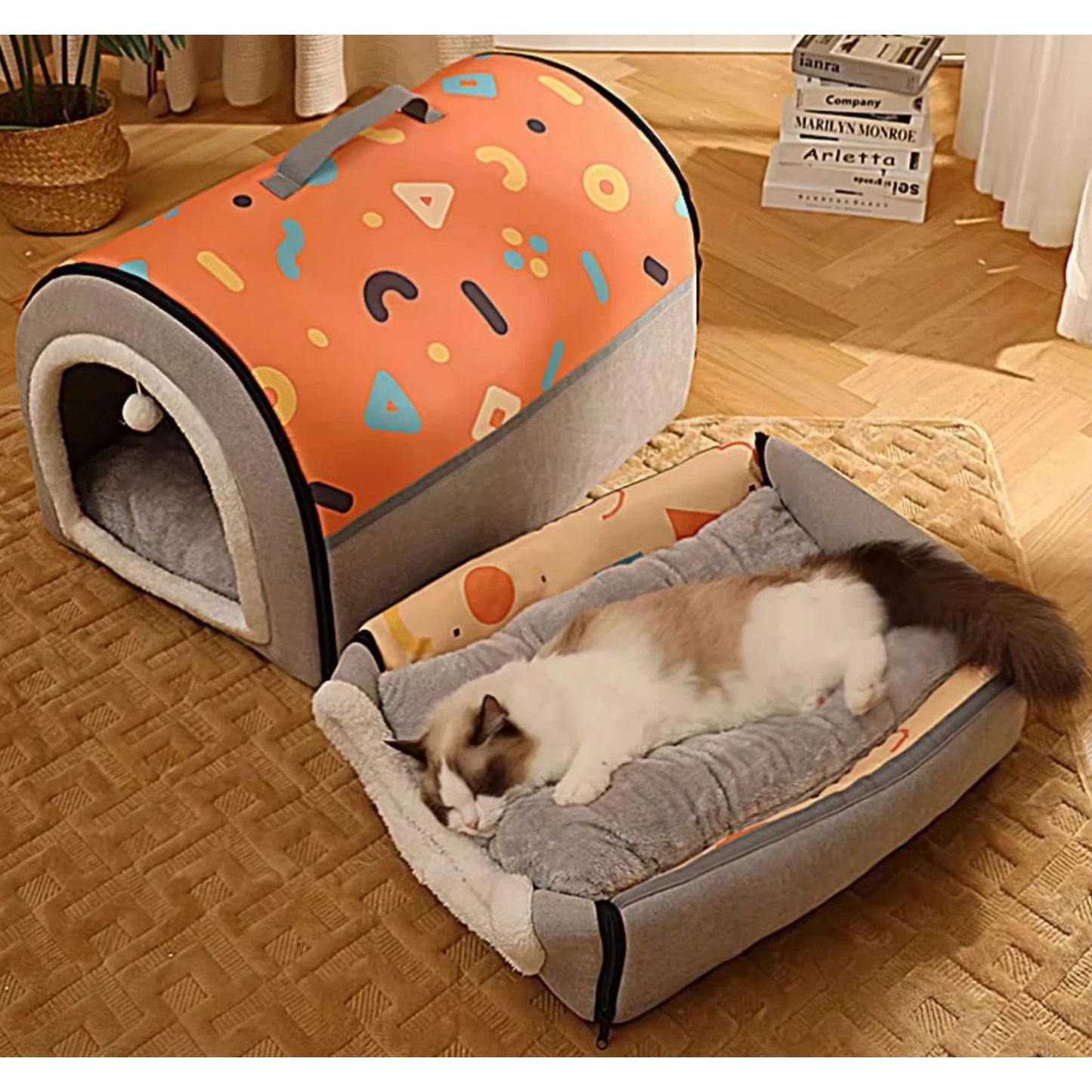 Orange Gray Breathable Warm Plush Pet Bed House Washable Soft Cat Kitten Cushion Kennel for Small Medium Pet Supplies