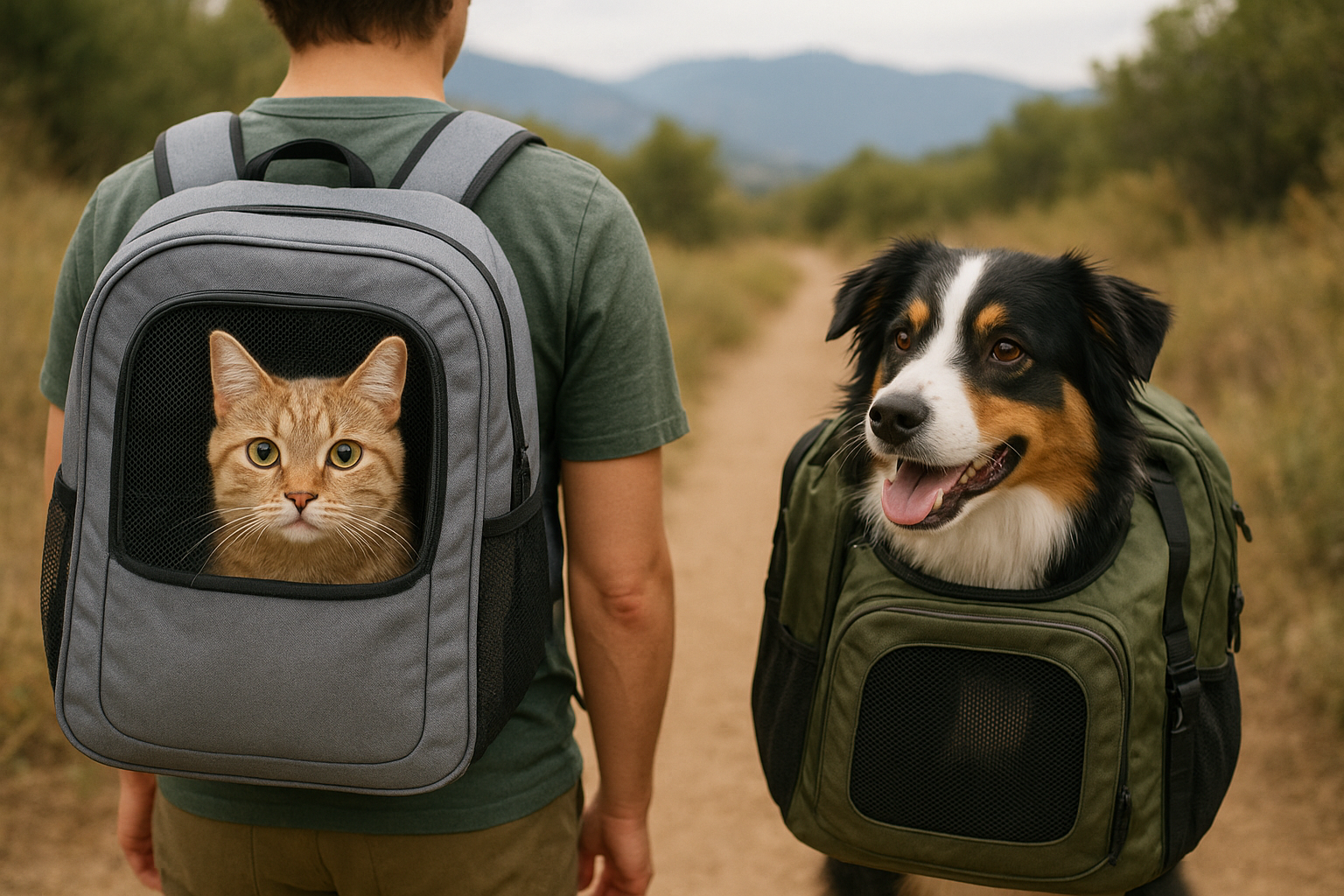 Two people with backpacks featuring a cat and a dog respectively, walking on a path with mountains in the background. TrendyPets Zone