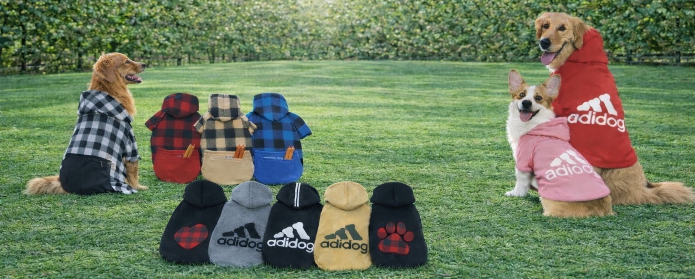 Various dog hoodies displayed on dogs in a grassy field with 'Dog Hoodies' text at the top. TrendyPet's Zone