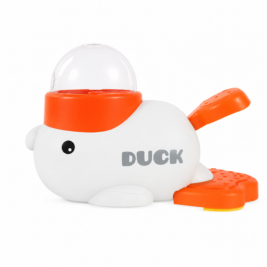 White duck-shaped interactive dog puzzle feeder with anti-slip base, designed to slow feeding and engage pets.