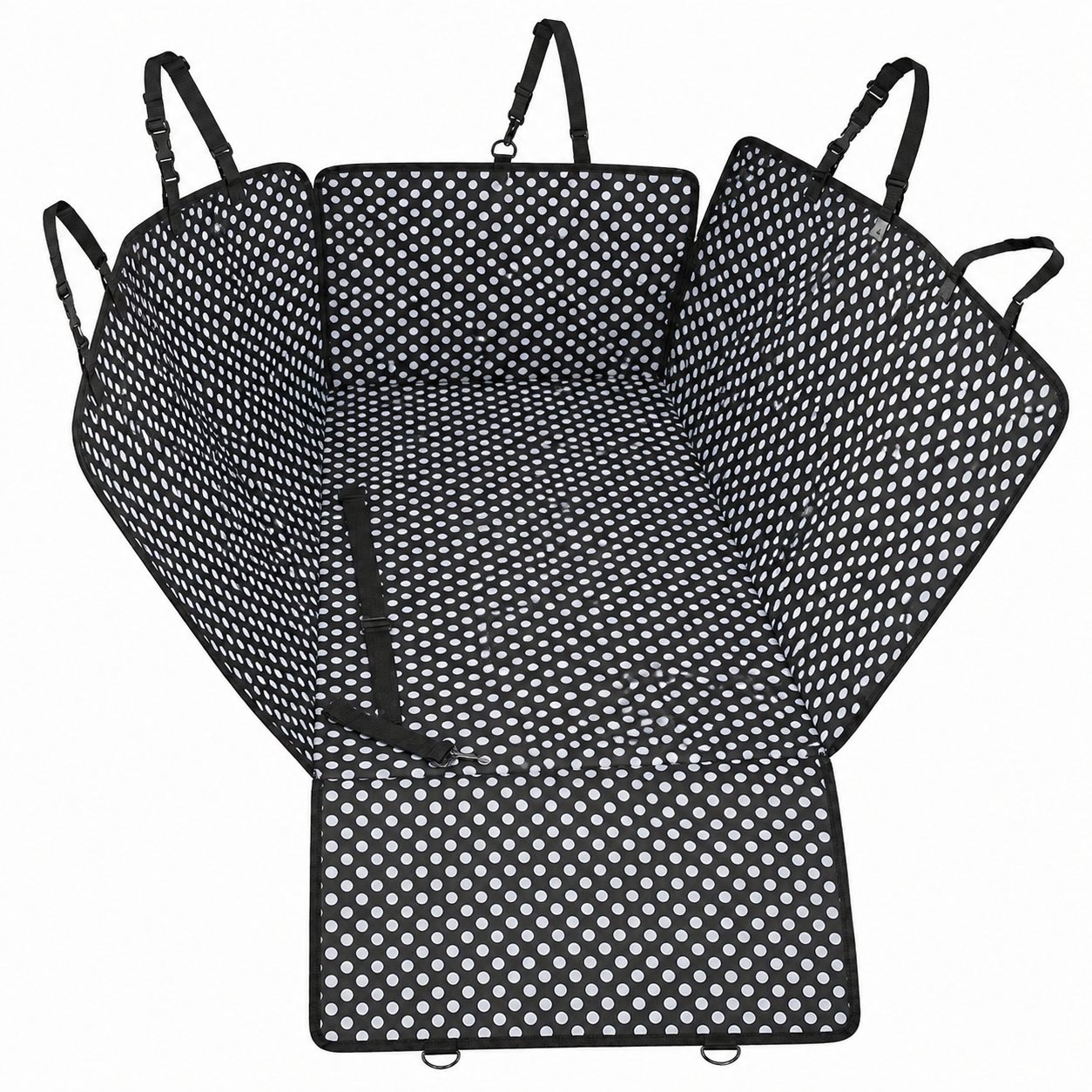 White dotted waterproof dog car seat cover with safety belt for rear back, hammock protector for pet transportation by TrendyPet's Zone.