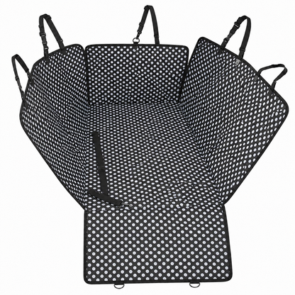 White dotted waterproof dog car seat cover with safety belt for rear back, hammock protector for pet transportation by TrendyPet's Zone.