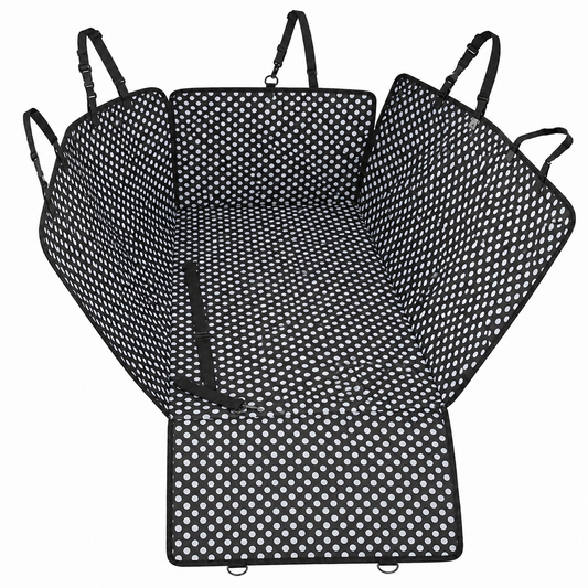 White dotted waterproof dog car seat cover with safety belt, rear back hammock protector for transporting pets in TrendyPet's Zone