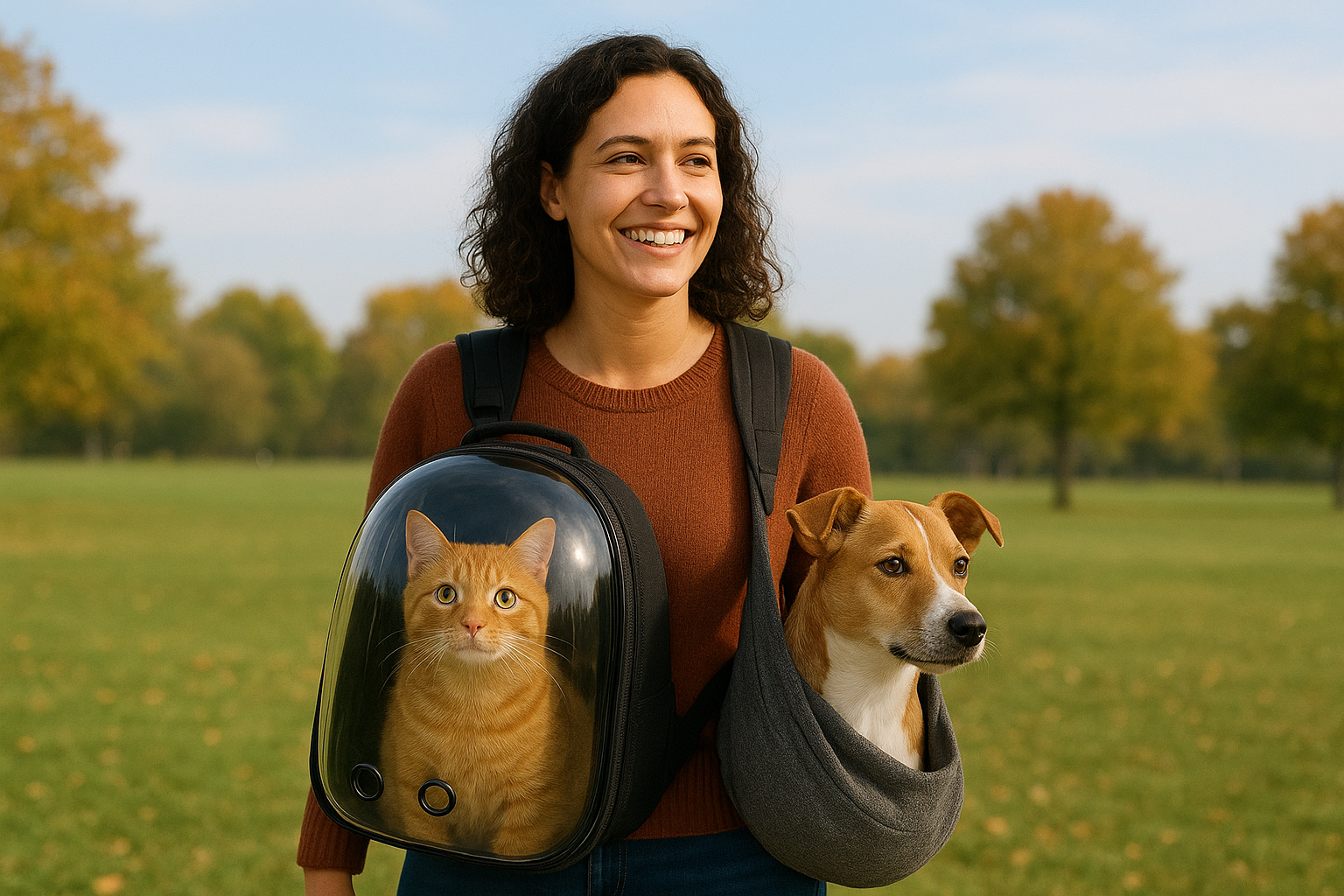 Woman holding a cat in a backpack and a dog in a sling, standing in a park. TrendyPet's Zone