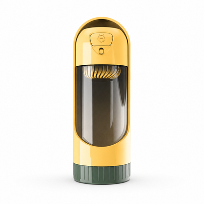 Yellow portable pet dog water bottle with built-in drinking bowl for small and large dogs, by TrendyPet's Zone.