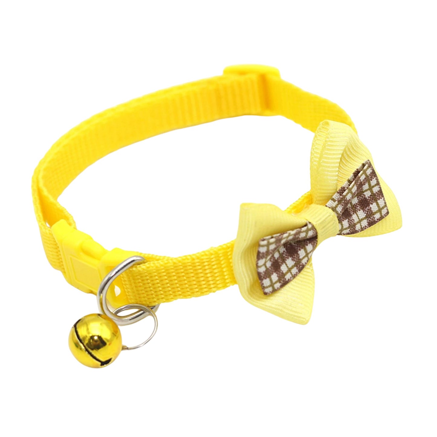 Yellow adjustable cat collar with bell and bow, stylish and comfortable, from TrendyPet's Zone.