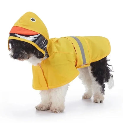 All-in-one dog raincoat by TrendyPet's Zone with fun duck, frog, and shark designs, reflective waterproof material, stylish and vibrant.