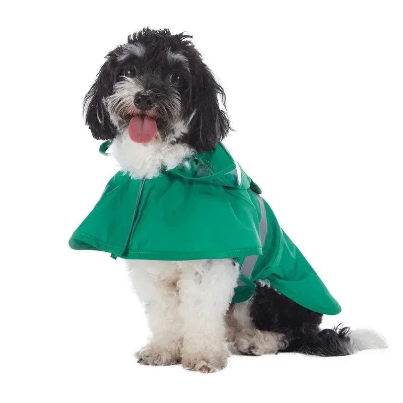 All-in-one dog raincoat by TrendyPet's Zone with fun frog design, reflective material, waterproof and stylish for rainy days.