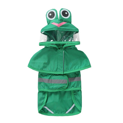 All-in-one waterproof dog raincoat by TrendyPet's Zone with fun frog design, reflective material, waterproof fabric, and stylish fit.