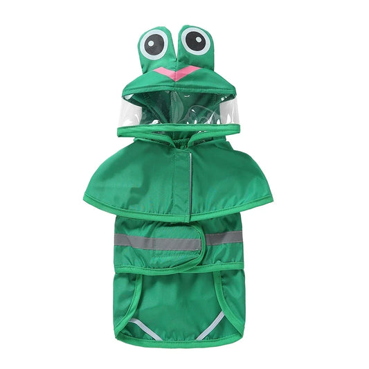 All-in-one waterproof dog raincoat by TrendyPet's Zone with fun frog design, reflective material, waterproof fabric, and stylish fit.