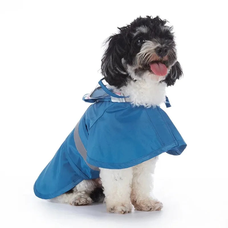 All-in-one dog raincoat by TrendyPet's Zone featuring fun shark design, reflective material, waterproof fabric, and stylish look.