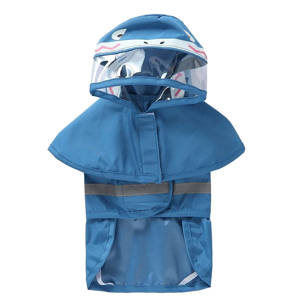 All-in-one dog raincoat by TrendyPet's Zone with fun shark design, reflective material, waterproof, and stylish for rainy days.