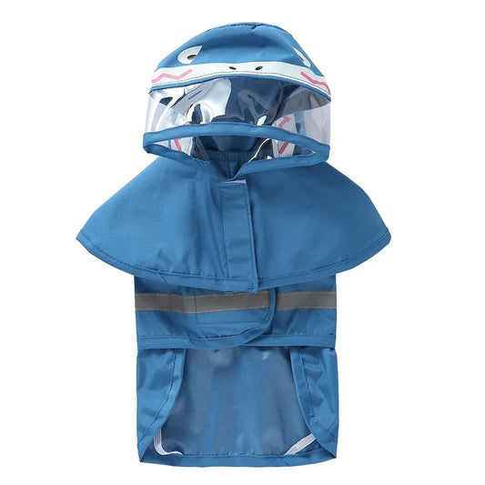 All-in-one dog raincoat by TrendyPet's Zone with fun shark design, reflective material, waterproof, and stylish for rainy days.