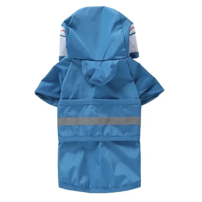 All-in-one dog raincoat by TrendyPet's Zone with fun shark design, reflective strips, waterproof material, and stylish waterproof protection.