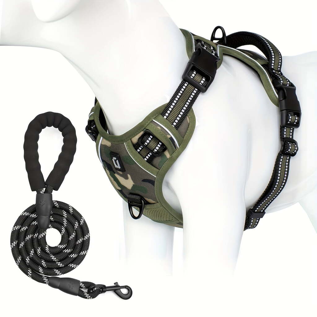 Army green adjustable dog harness with easy control handle, no-pull design, suitable for secure and comfortable walking.