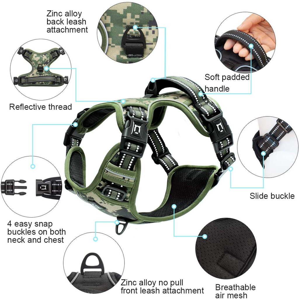 Army green adjustable dog harness with easy control handle, no-pull design from TrendyPet's Zone, suitable for secure walking.