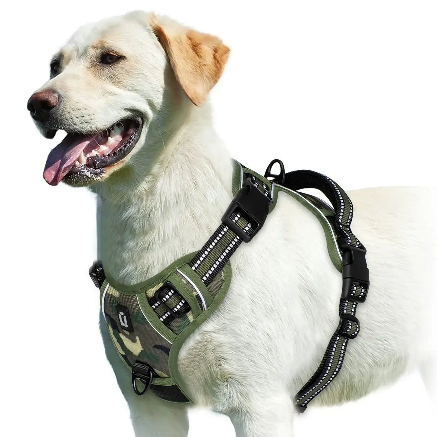 Army green no-pull dog harness with adjustable straps and easy control handle, designed for comfortable, secure walks.