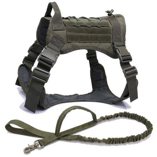 Army green tactical dog vest with adjustable straps, military-style harness, and leash set for pets by TrendyPet's Zone.