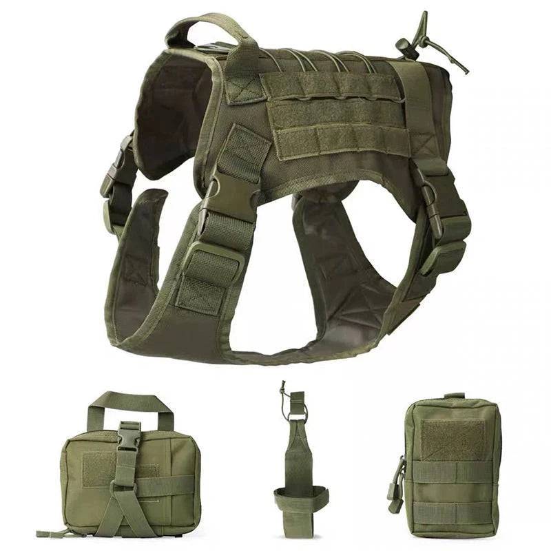 Army Green Tactical Dog Pet Vest With Bags Military Harness Leash Set - TrendyPet's Zone