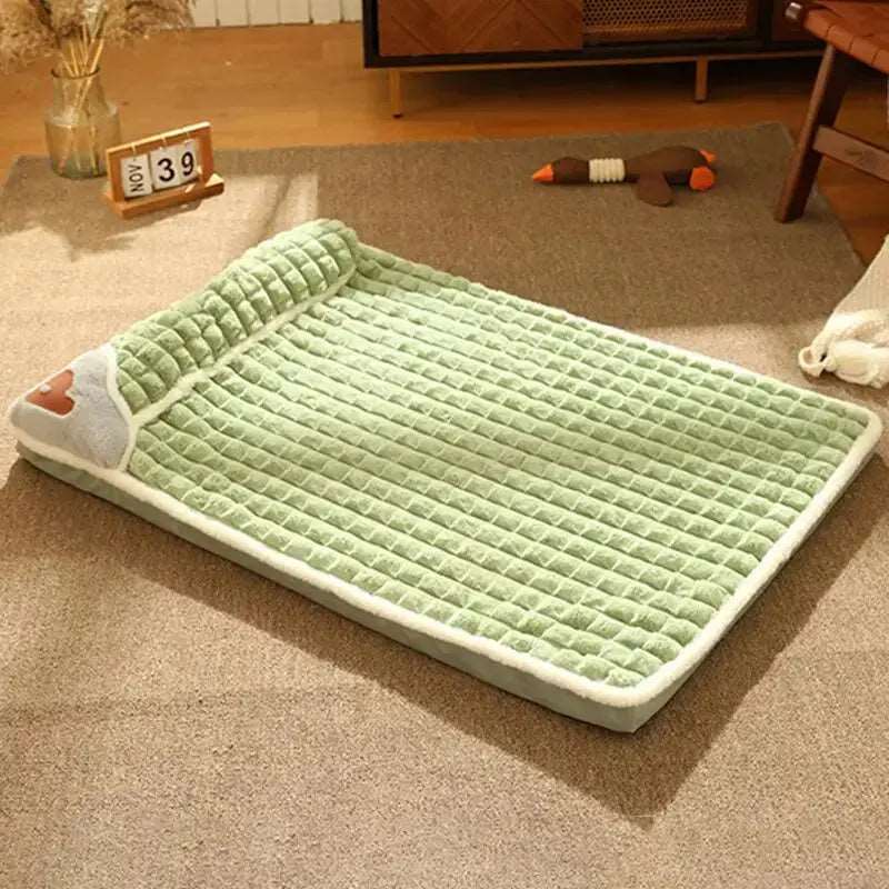 Avocado green plush pet mat for small to large dogs and cats, with plaid pattern, removable and washable for cozy winter comfort.