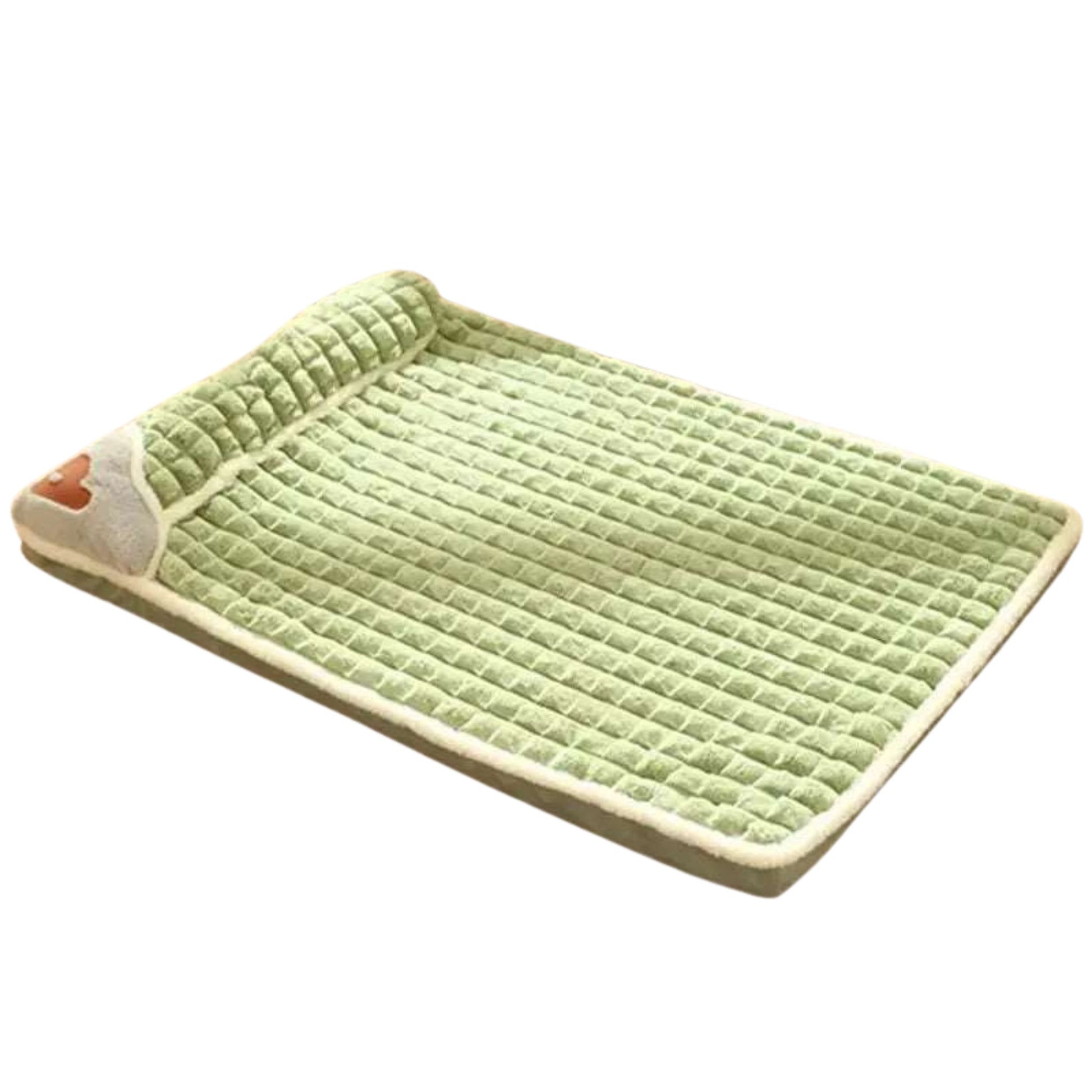 Avocado green plush pet bed for small to large dogs and cats, plaid pattern, removable washable cover, cozy winter pet mat.