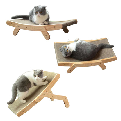 TrendyPet's Zone 3-in-1 wood cat scratcher bed with vertical scratching pad, nail grinding surface, and cozy resting area.