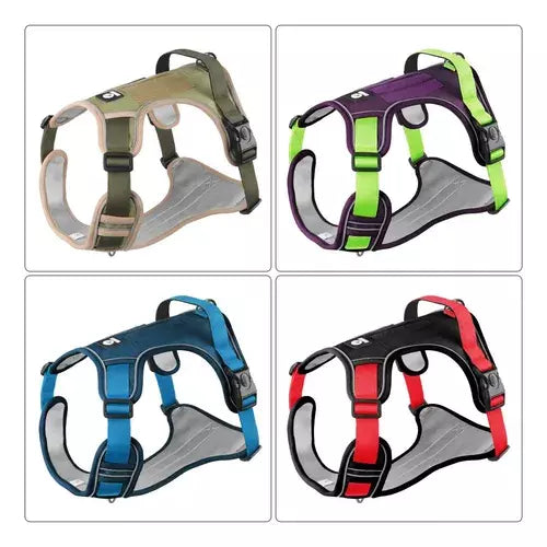 Beige adjustable tactical dog harness with handle, no pull design, suitable for outdoor walks, by TrendyPet's Zone.