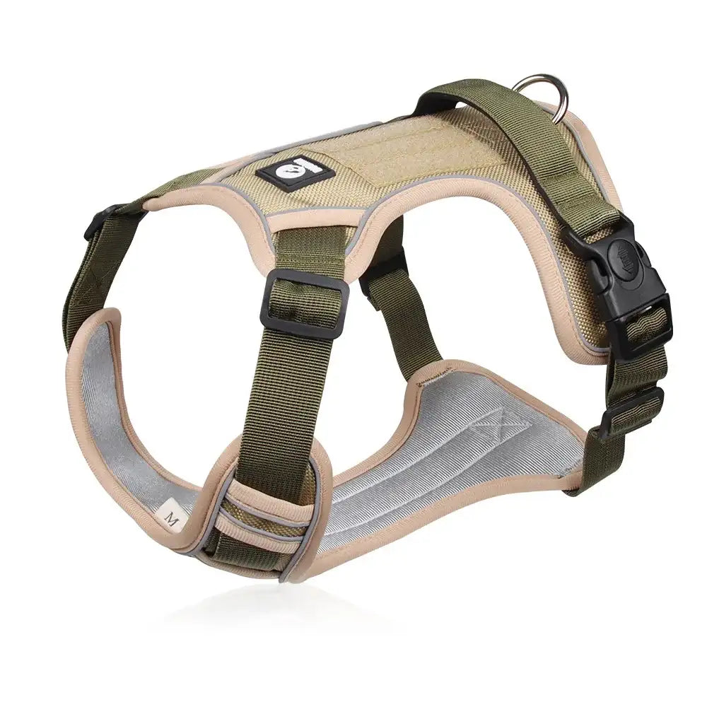 Beige adjustable tactical dog harness with handle, no pull design, made by TrendyPet's Zone for secure and comfortable control.