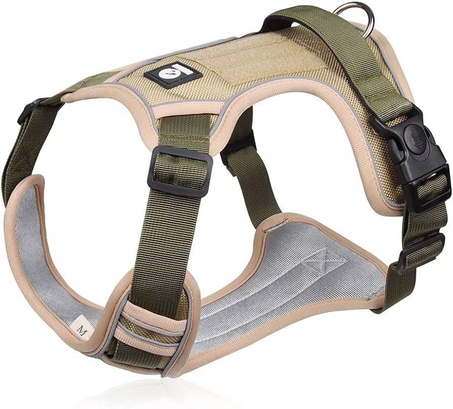 Beige adjustable tactical dog harness with handle, no-pull design, made by TrendyPet's Zone, suitable for durable pet control.