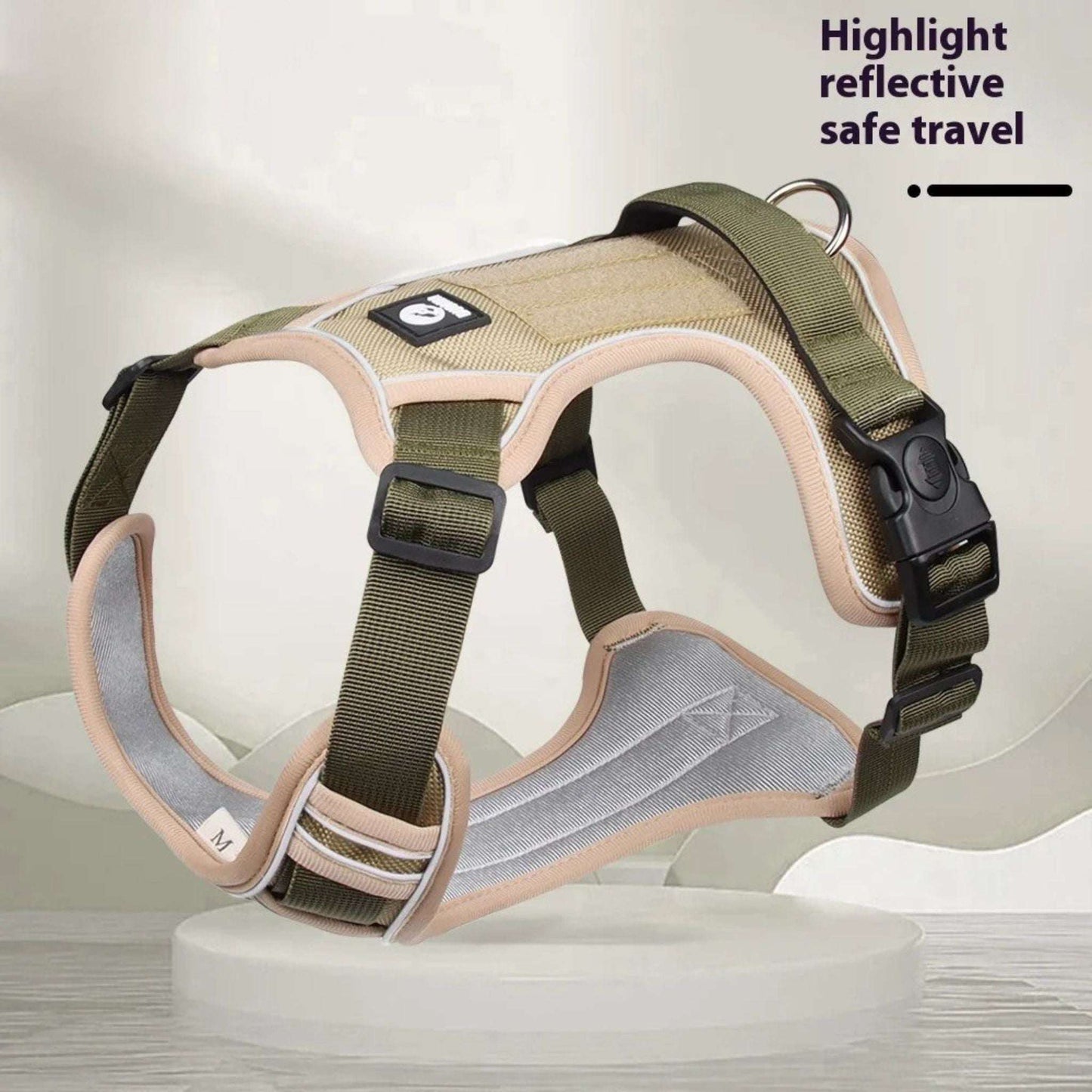 Beige adjustable tactical dog harness with handle, no pull design, made by TrendyPet's Zone, suitable for training and walking dogs.