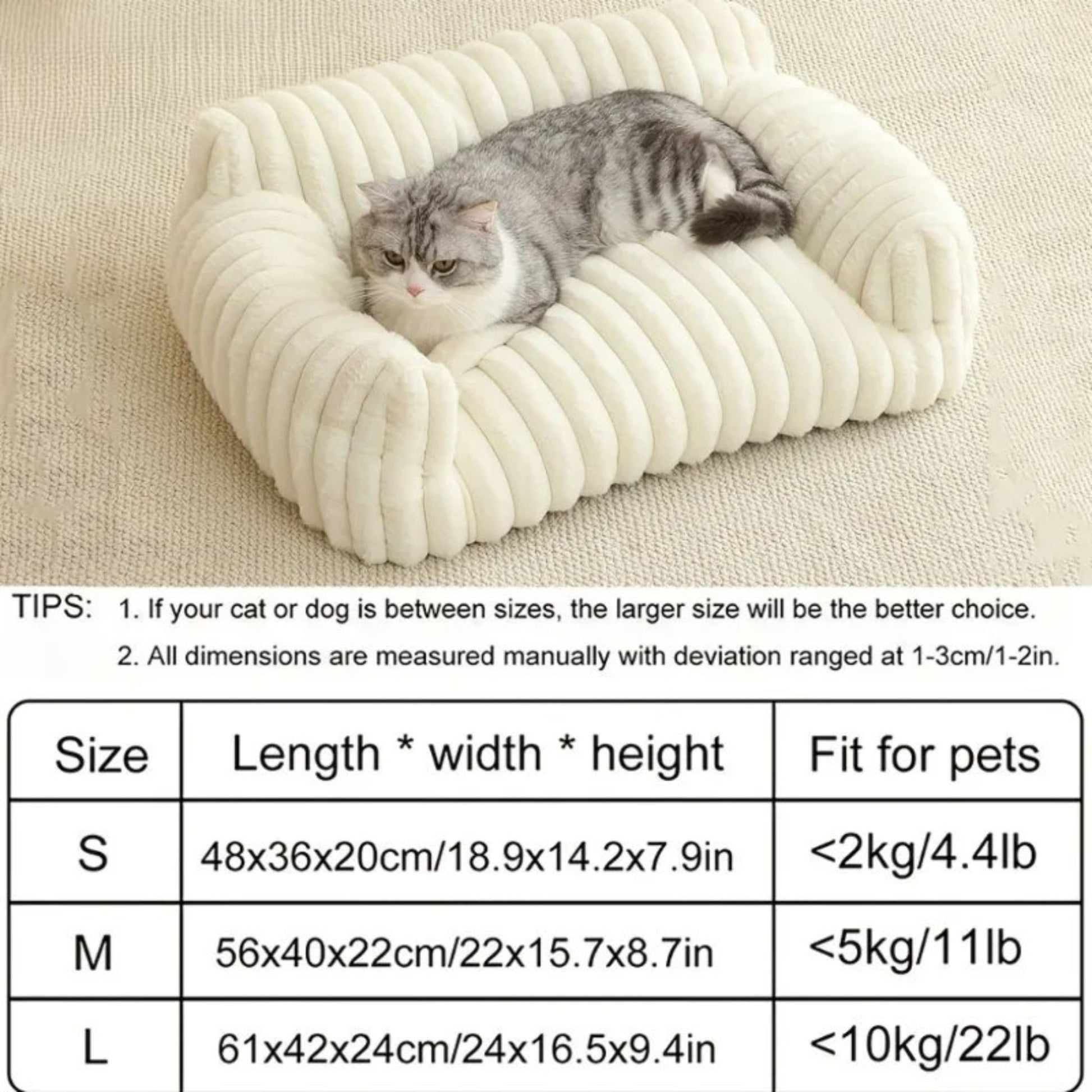 Beige Cat Sofa Bed – Soft Polyester Striped Pet Bed, Breathable All-Season Cozy Couch for Small to Medium Cats TrendyPet's Zone