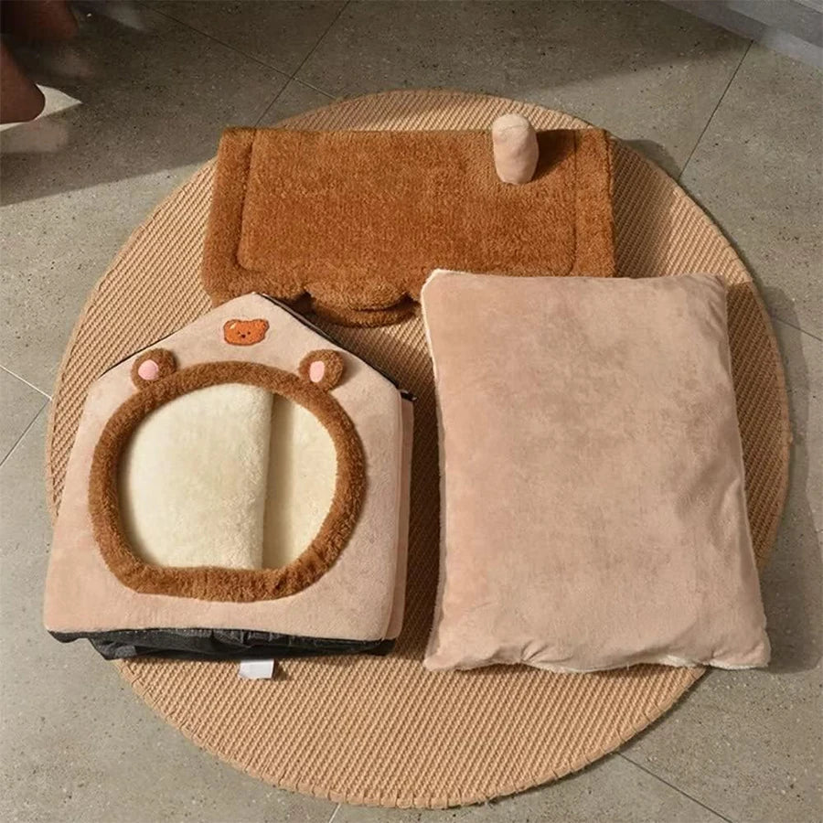 Beige foldable dog house with bed, mat, basket, and cave-style sofa by TrendyPet's Zone, designed for cozy pet comfort.