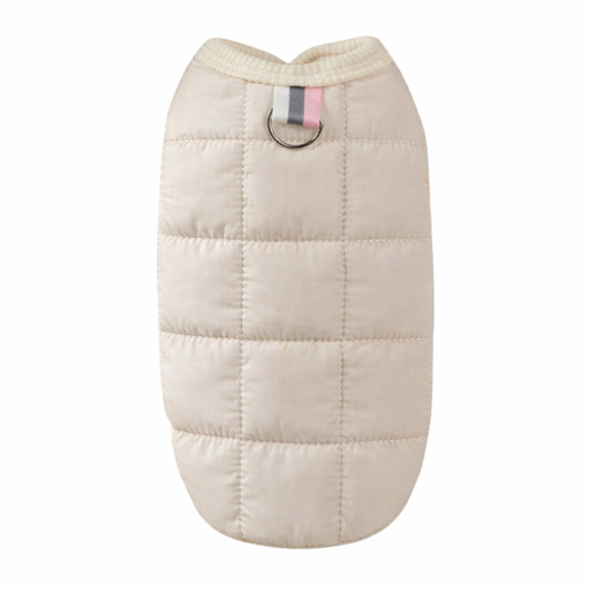 Beige quilted dog vest jacket from TrendyPet's Zone, lightweight and warm, stylish dog coat for outdoor walks.