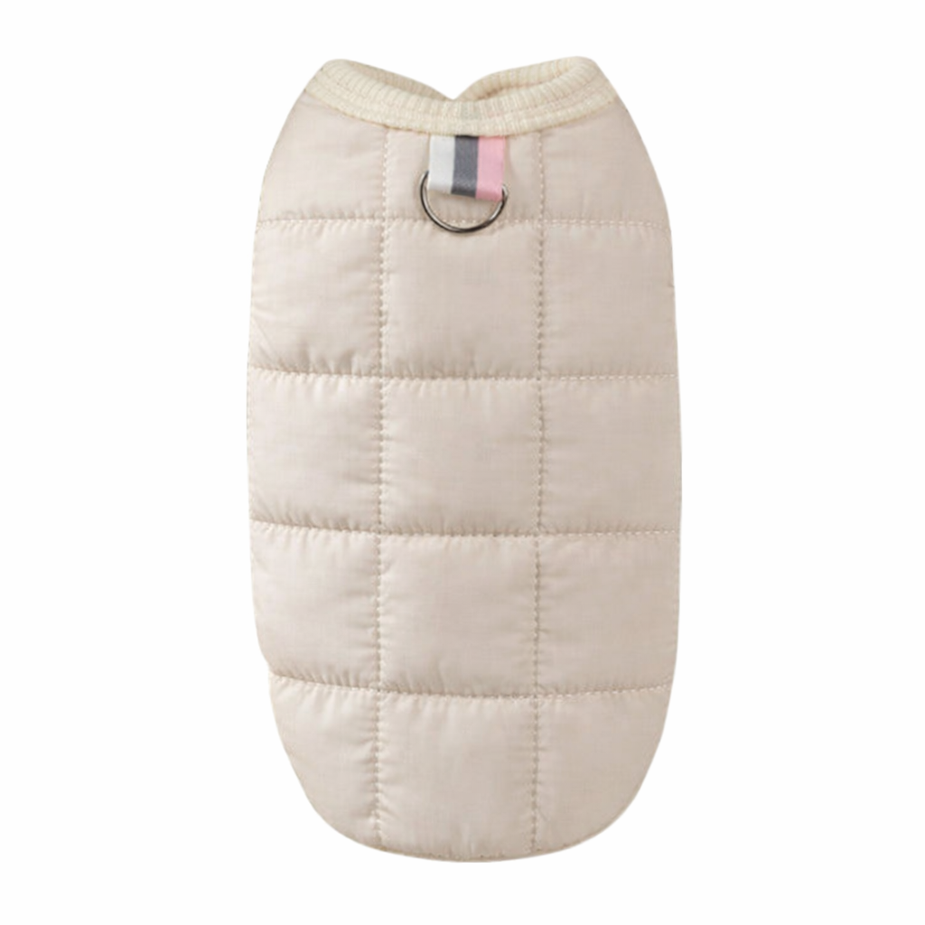 Beige quilted dog vest jacket from TrendyPet's Zone, lightweight and warm, stylish coat for small dogs, shown on a dog.