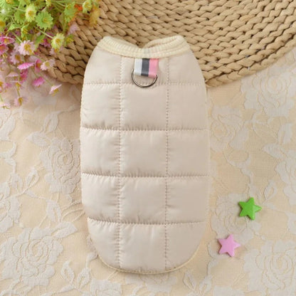 Beige quilted dog vest jacket by TrendyPet's Zone, lightweight and warm, stylish coat for small dogs.