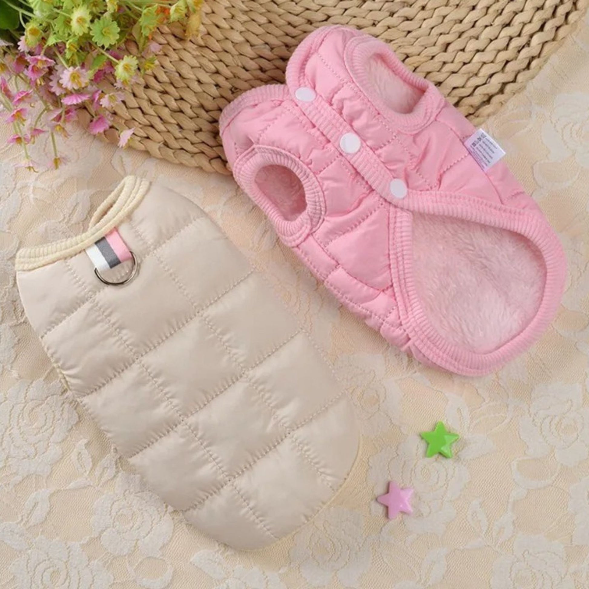 Beige quilted dog vest jacket by TrendyPet's Zone, lightweight and warm stylish coat for dogs, suitable for cold weather.